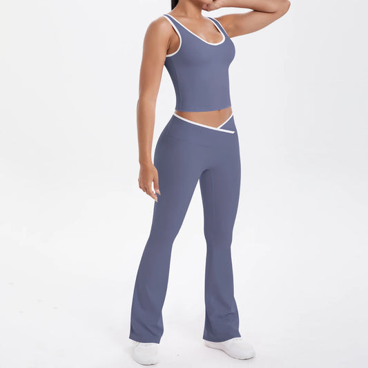 Herfst Dames Yoga Set – U‑Neck Sporttop & High‑Waist Cross Wide‑Leg Broek | Naadloos, Elastisch & Slim Fit Sportswear