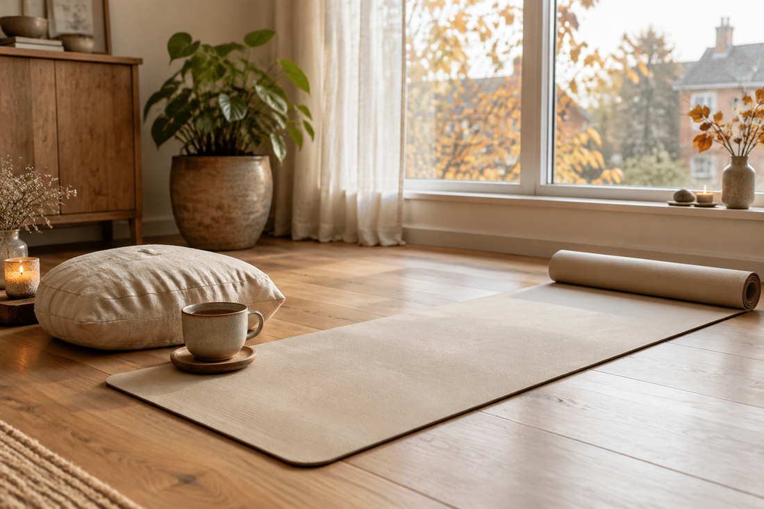 Rustige yogaplek thuis met yogamat, meditatiekussen en thee