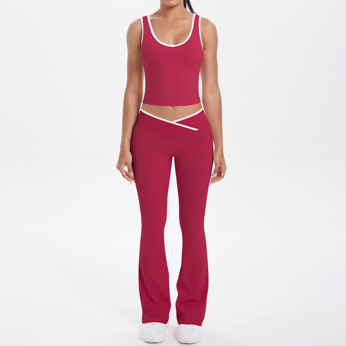 Autumn Women's Yoga Set – U-Neck Sports Top & High-Waist Cross Wide-Leg Pants | Seamless, Elastic & Slim Fit Sportswear