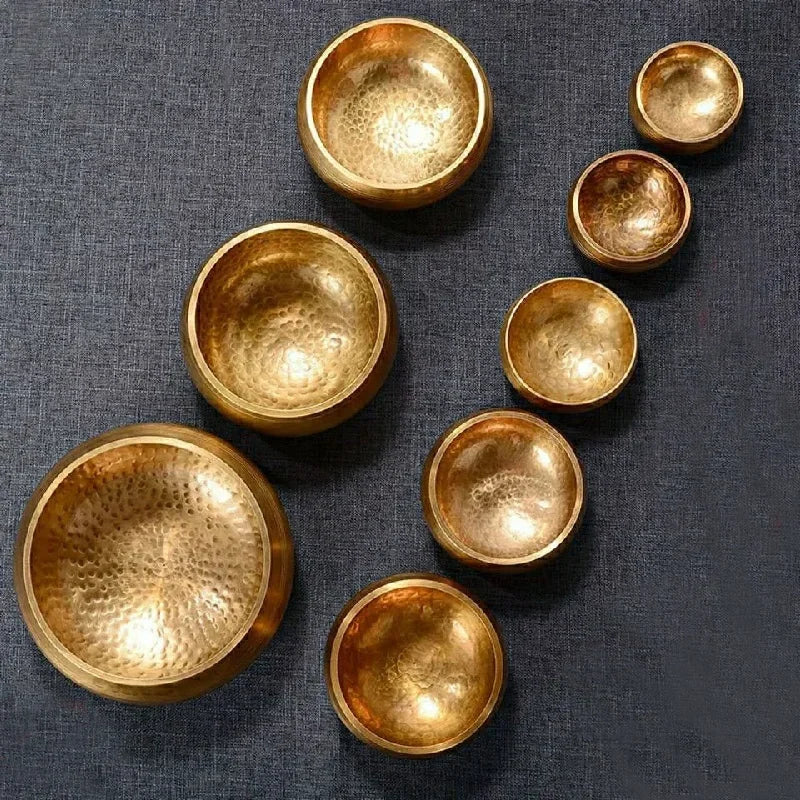 Authentic handmade Tibetan brass singing bowl from Nepal, including leather mallet.