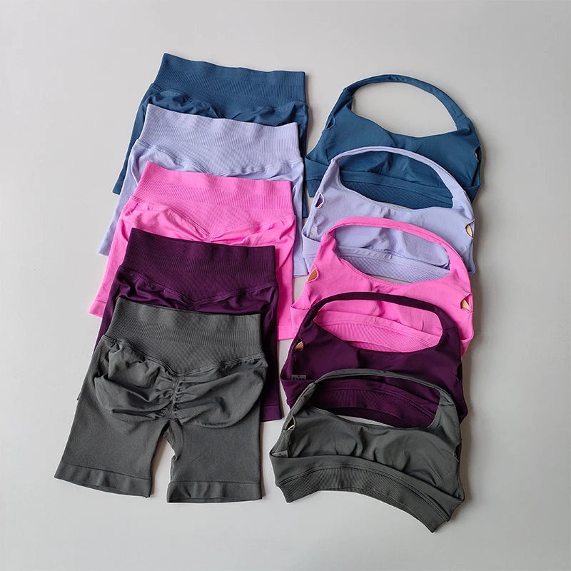 Sexy Halter Neck Beautiful Back High Waist Peach Sports Bras Shorts Suit Pilates Gathering Yoga Vest Training Fitness Bra Sets
