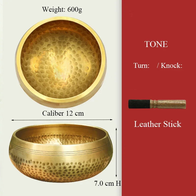Authentic handmade Tibetan brass singing bowl from Nepal, including leather mallet.