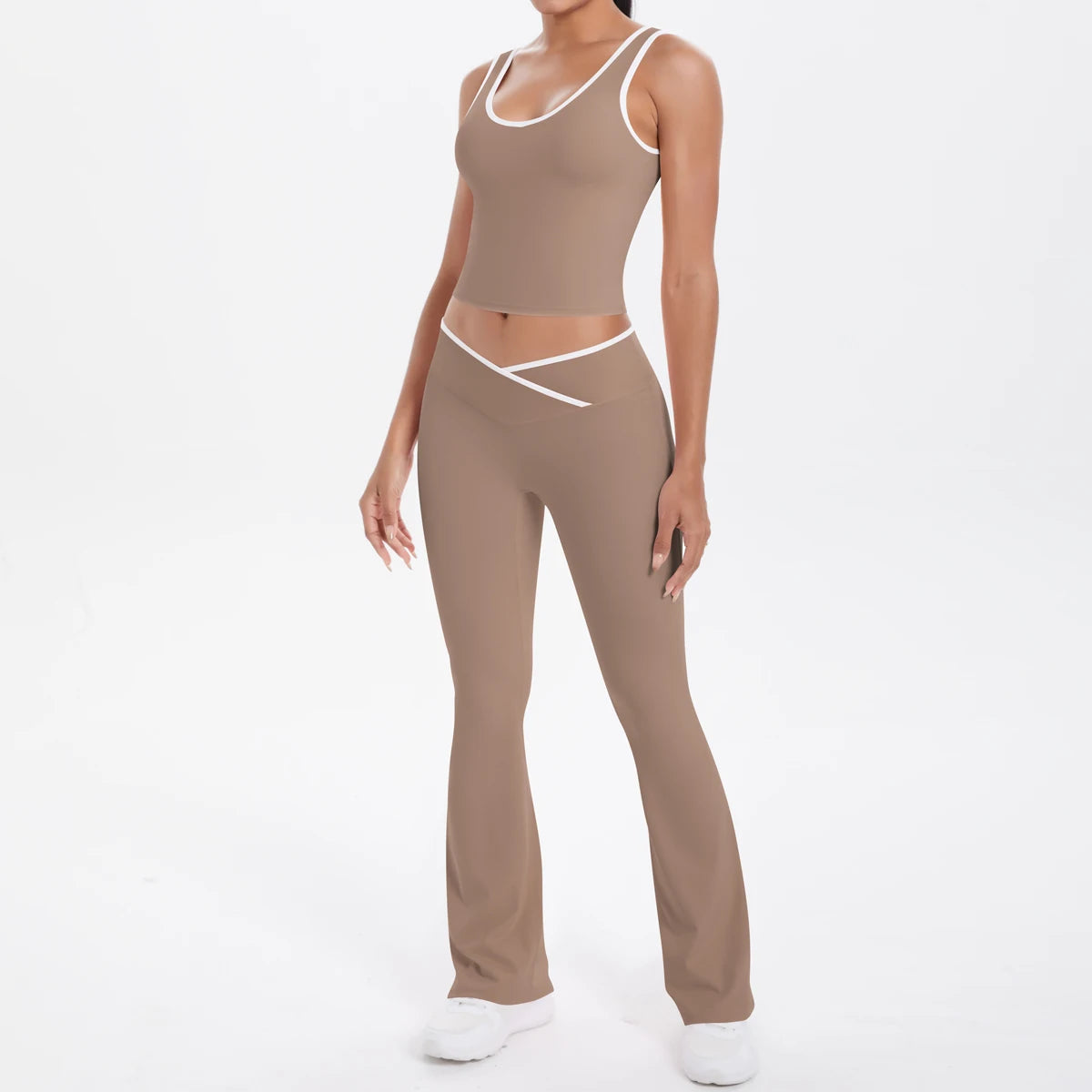 Autumn Women's Yoga Set – U-Neck Sports Top & High-Waist Cross Wide-Leg Pants | Seamless, Elastic & Slim Fit Sportswear