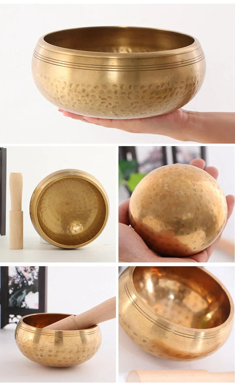 Authentic handmade Tibetan brass singing bowl from Nepal, including leather mallet.