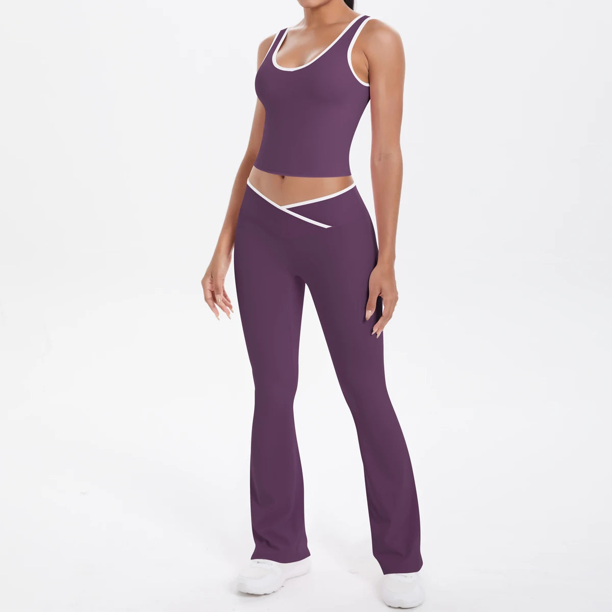 Autumn Women's Yoga Set – U-Neck Sports Top & High-Waist Cross Wide-Leg Pants | Seamless, Elastic & Slim Fit Sportswear