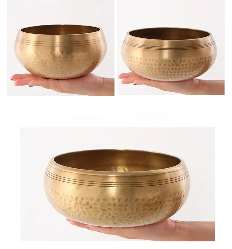 Authentic handmade Tibetan brass singing bowl from Nepal, including leather mallet.