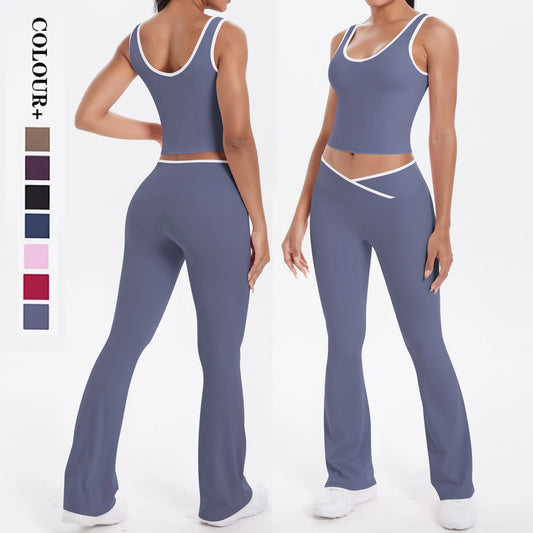 Herfst Dames Yoga Set – U‑Neck Sporttop & High‑Waist Cross Wide‑Leg Broek | Naadloos, Elastisch & Slim Fit Sportswear